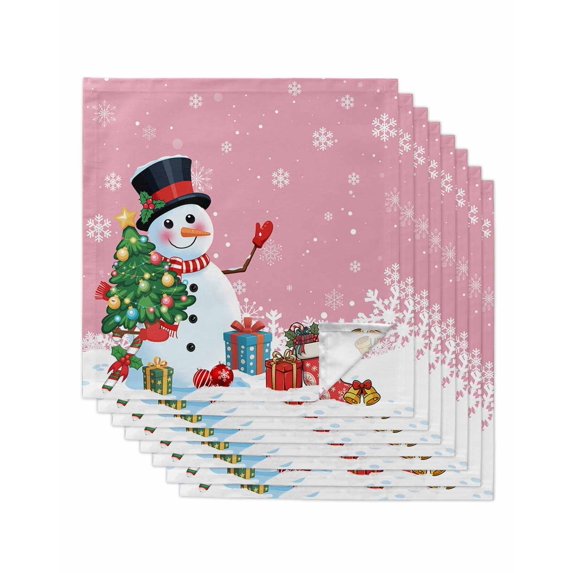 Pink Snowman Christmas Cloth Napkins Set of 8 Reusable Dinner Napkins, Gifts Xmas Tree Winter Snowflake Cocktail Napkin Washable Table Napkins for Wedding/Holiday Party/Baby Shower 20"x20"