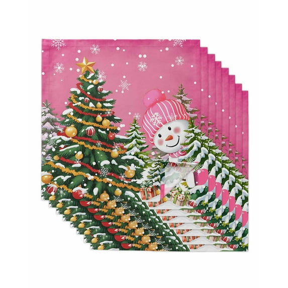 Pink Snowman Christmas Cloth Napkins Set of 8 Reusable Dinner Napkins, Xmas Tree Ball Snowflake Winter Cocktail Napkin Washable Table Napkins for Wedding/Holiday Party/Baby Shower 20"x20"