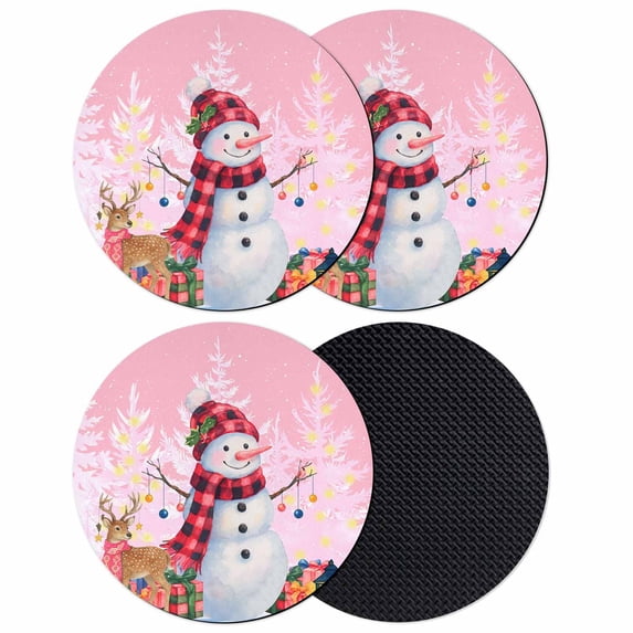 Pink Snowman Christmas Coasters Set of 4, Absorbent Coasters for Drinks, Xmas Tree Snowflake Elk Gifts Coaster for Desk Coffee Table Protection, Home Decor House Warming Gifts 4"