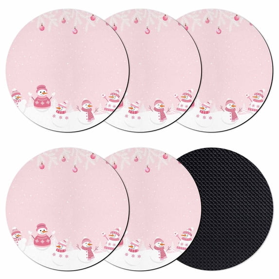 Pink Snowman Christmas Coasters Set of 6, Absorbent Coasters for Drinks, Winter Snowflake Pine Xmas Tree Coaster for Desk Coffee Table Protection, Home Decor House Warming Gifts 4"