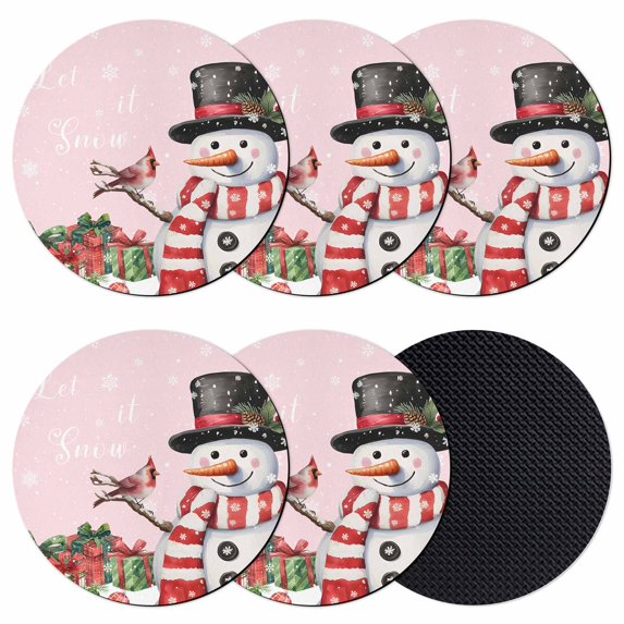 Pink Snowman Christmas Coasters Set of 6, Absorbent Coasters for Drinks, Winter Snowflake Xmas Gifts Coaster for Desk Coffee Table Protection, Home Decor House Warming Gifts 4"