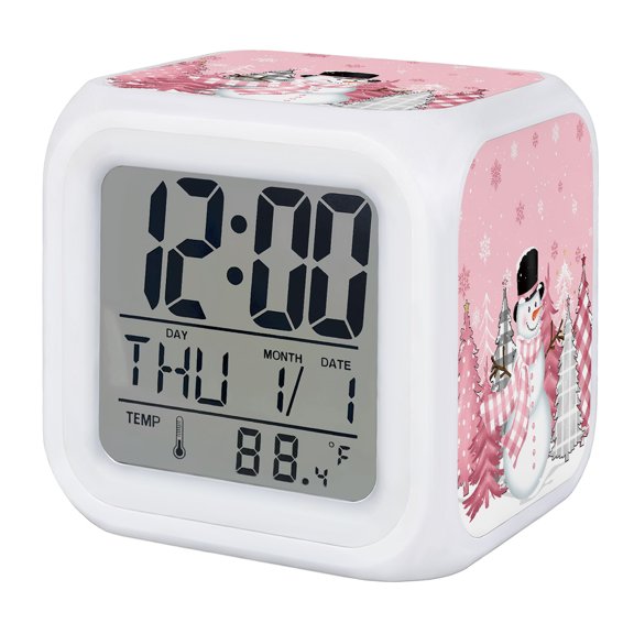 Pink Snowman Christmas Digital Alarm Clock for Bedrooms, Smart LED Alarm Clock with 7 Color Changing Night Light, Winter Snowflake Pink Grey Xmas Tree Silent Wake Up Clocks for Sleep Study Cooking