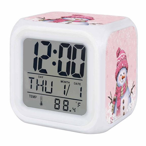 Pink Snowman Christmas Digital Alarm Clock for Bedrooms, Smart LED Alarm Clock with 7 Color Changing Night Light, Xmas Winter Snowflake Silent Wake Up Clocks for Sleep Study Cooking 3.2"x3.2"