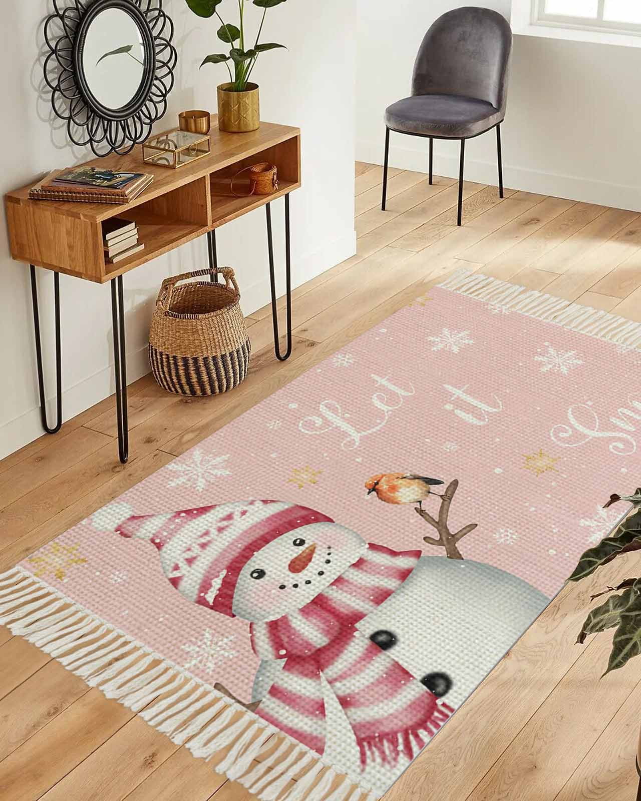 Pink Snowman Christmas Entryway Rug 3'x5', Washable Woven Cotton Area