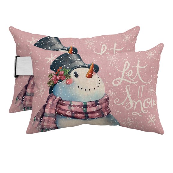 Pink Snowman Christmas Outdoor Pillows for Chaise Lounge Chair Beach Headrest Pillow Set of 2 Waterproof Lumbar Pillows with Insert&Strap Let Snow Xmas Winter Snowflake Pillow for Patio Pool 12"x20"