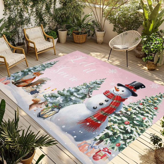 Pink Snowman Christmas Outdoor Rug for Patio/Deck/Porch, Non-Slip Large Area Rug 6 x 9 Ft, Xmas Tree Snowflake Gifts Indoor Outdoor Rugs Washable Area Rugs, Reversible Camping Rug Carpet Runner