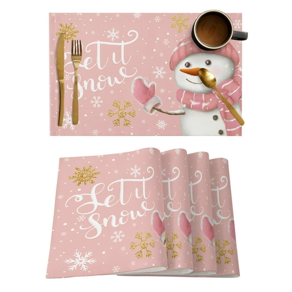 Pink Snowman Christmas Placemats Set of 4, Xmas Winter Snowflake Let Snow Placemats for Dining Table, Place Mats for Kitchen Tabletop, Waterproof Wipeable Dining Table Mats Set