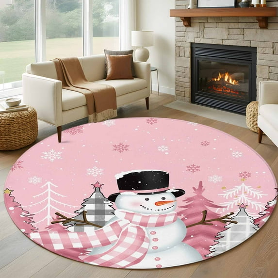 Pink Snowman Christmas Round Area Rug 6 FT, Bedroom Area Rug, Winter Snowflake Xmas Tree Pink Grey Plaid Washable Soft Circular Carpet Floor Mat for Kitchen Dining Room Home Office Kids Room