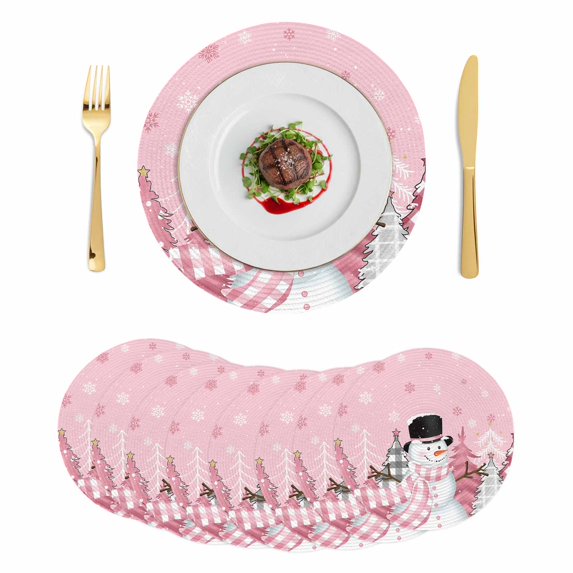 Pink Snowman Christmas Round Placemats Set of 8,Braided Polypropylene Place Mats,Winter Snowflake Xmas Tree Pink Grey Plaid Table Mats for Kitchen Dinner Holiday Wedding Party Coffee Table Decor 15"