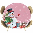 thumbnail image 1 of Pink Snowman Christmas Round Tablecloth, Fitted Table Cover with Elastic for 36"-44" Round Tables, Gifts Xmas Tree Winter Snowflake Table Cloth Outdoor Indoor Dinning Party Waterproof Tablecloths, 1 of 7