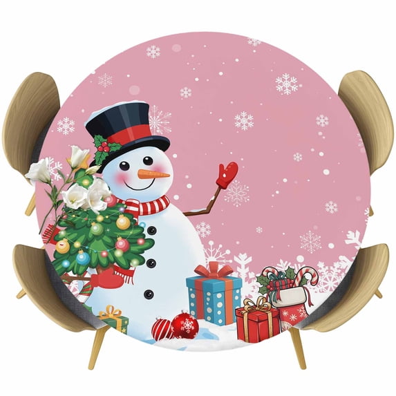 Pink Snowman Christmas Round Tablecloth, Fitted Table Cover with Elastic for 36"-44" Round Tables, Gifts Xmas Tree Winter Snowflake Table Cloth Outdoor Indoor Dinning Party Waterproof Tablecloths
