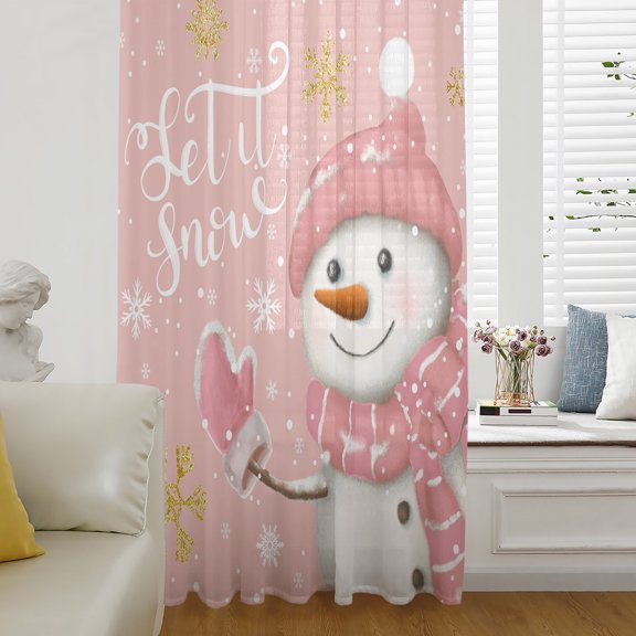 Pink Snowman Christmas Sheer Curtains 45 Inch Length, Light Filtering Voile Curtain Panel, Xmas Winter Snowflake Let Snow Rod Pocket Drapes Window Treatments for Living Room Bedroom 52"x45"