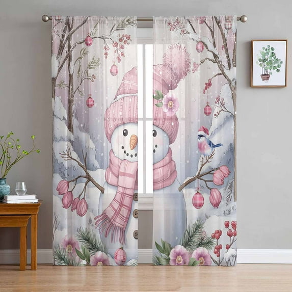 Pink Snowman Christmas Sheer Curtains 63 Inches Long, Xmas Floral Tree Snowflake Light Filtering Window Curtains for Living Room/Bedroom, Rod Pocket Voile Sheer Curtain Drapes, 52"W x 63"L, 2 Panels