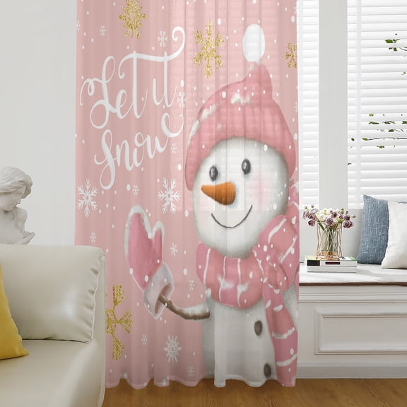 Pink Snowman Christmas Sheer Curtains 96 Inch Length, Light Filtering Voile Curtain Panel, Xmas Winter Snowflake Let Snow Rod Pocket Drapes Window Treatments for Living Room Bedroom 52"x96"