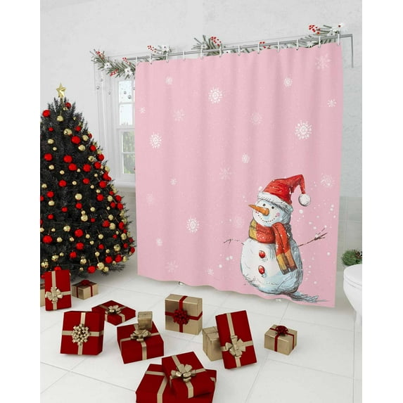Pink Snowman Christmas Shower Curtain, Xmas Snowflake Watercolor Waterproof Washable Boho Funny Cute Shower Curtains Set for Bathroom Farmhouse Bathtubs Decor with Hook, 36"Wx72"L