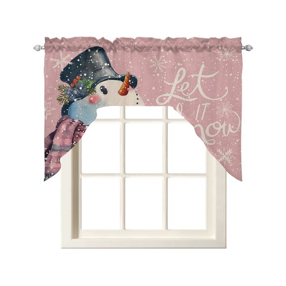 Pink Snowman Christmas Swag Curtains for Kitchen Let Snow Xmas Winter Snowflake Valances for Windows Rod Pocket Small Window Treatment Short Topper for Cafe Bedroom Bathroom Decor 56x36 Inch