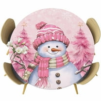 Pink Snowman Christmas Table Cloth, Round Fitted Tablecloths with Elastic Edge, Xmas Tree Winter Snowflake Pink Wipeable Waterproof Table Cover for Kitchen Wedding 36-44 Inches
