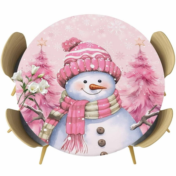 Pink Snowman Christmas Table Cloth, Round Fitted Tablecloths with Elastic Edge, Xmas Tree Winter Snowflake Pink Wipeable Waterproof Table Cover for Kitchen Wedding 36-44 Inches