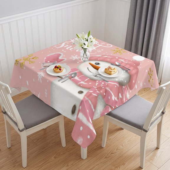Pink Snowman Christmas Table Cloth Waterproof Tablecloths, Xmas Winter Snowflake Let Snow Tablecloth Dining Table Cover for Kitchen Party Tabletop Outdoor, Square Tablecloth 54x54 Inch