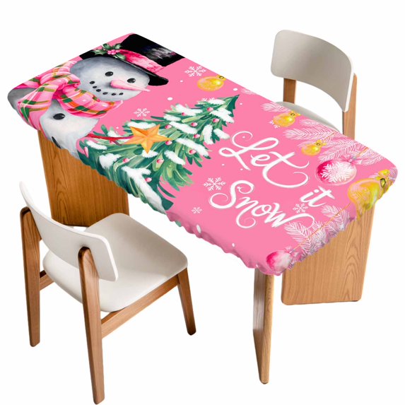 Pink Snowman Christmas Table Cloths for 3 Foot Rectangle Tables, Xmas Tree Ball Winter Snowflake Patio Waterproof Elastic Fitted Tablecloths, Washable Rectangular Table Cover for Camping