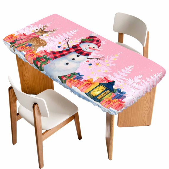 Pink Snowman Christmas Table Cloths for 4 Foot Rectangle Tables, Xmas Tree Snowflake Elk Gifts Patio Waterproof Elastic Fitted Tablecloths, Washable Rectangular Table Cover for Camping