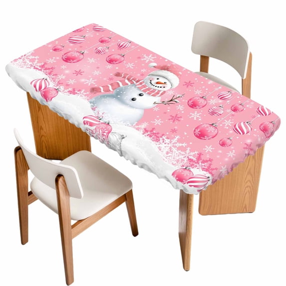 Pink Snowman Christmas Table Cloths for 5 Foot Rectangle Tables, Xmas Balls Snowflake Patio Waterproof Elastic Fitted Tablecloths, Washable Rectangular Table Cover for Camping