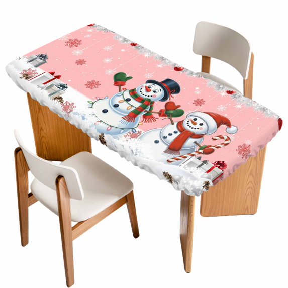 Pink Snowman Christmas Table Cloths for 5 Foot Rectangle Tables, Xmas Snowflake Winter Ball Patio Waterproof Elastic Fitted Tablecloths, Washable Rectangular Table Cover for Camping