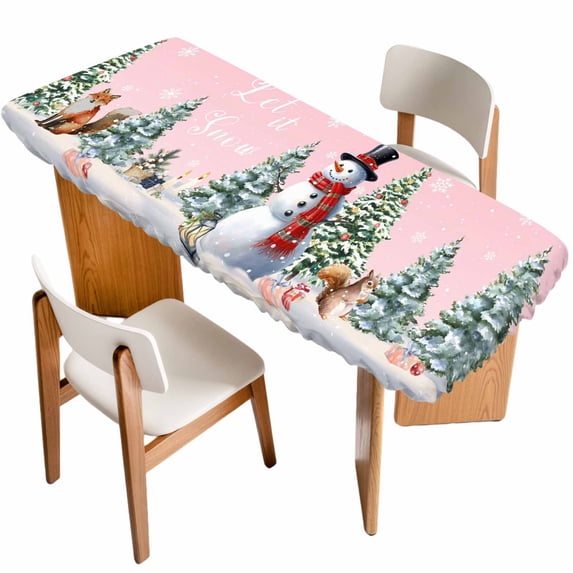 Pink Snowman Christmas Table Cloths for 8 Foot Rectangle Tables, Xmas Tree Snowflake Gifts Patio Waterproof Elastic Fitted Tablecloths, Washable Rectangular Table Cover for Camping