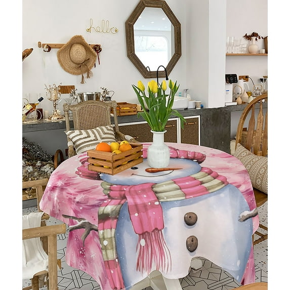 Pink Snowman Christmas Tablecloth Square Table Cloth 60x60 , Waterproof Tablecloth Outdoor Table Cloth, Xmas Tree Winter Snowflake Pink Washable Table Cover for Kitchen Dining Party