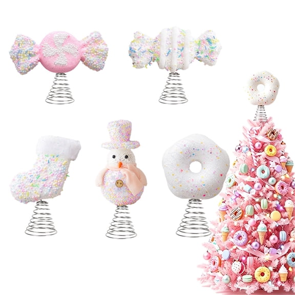 Pink Snowman Christmas Tree Topper with Beaded Candy Design and Spring Base, Festive Holiday Decoration, Christmas Tree Crown, Winter Snowman Finial Accent