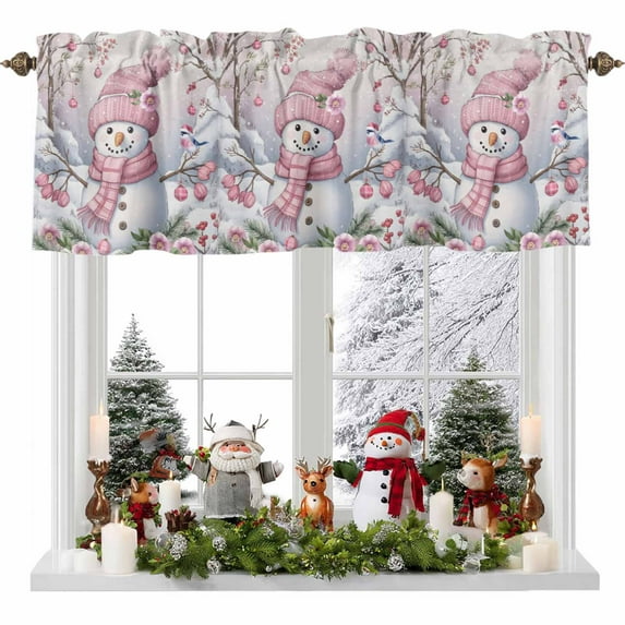 Pink Snowman Christmas Valances for Windows, Xmas Floral Tree Snowflake Rod Pocket Valance Short Window Treatments Curtains for Kitchen Bathroom Bedroom Decor, 56 x 16 In