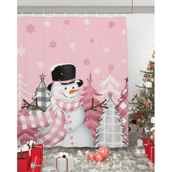 Pink Snowman Christmas Waterproof Fabric Shower Curtain,Winter Snowflake Xmas Tree Pink Grey Plaid Shower Curtain for Bathroom Curtains Bathtubs Hotel Shower Curtains with 12 Hooks Long 72x78in