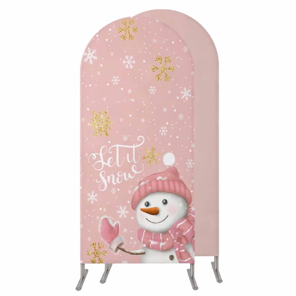Pink Snowman Christmas Wedding Arch Cover,Stretchy Spandex Arch Backdrop Stand Covers 7.2 FT,Xmas Winter Snowflake Let Snow Round Top Arched Backdrop Cover for Birthday Party Ceremony Baby Shower