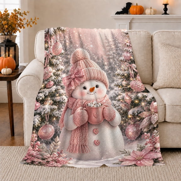 Pink Snowman With Cocoa Among Decorated Snowy Trees Printed Cozy Flannel Blanket with Whimsical Winter, a Christmas Gift for Snowman Art Enthusiasts and Living Room and Bedroom Home Decor