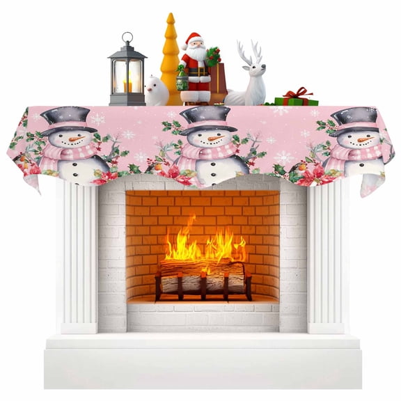 Pink Snowman Fireplace Mantel Scarf Table Runner, Christmas Poinsettia Winter Snowflake Winter Garland Mantel Top Tablerunners Dresser Scarves Cover Decorations for Windows Party Living Room 70"x17"