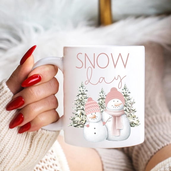 Pink Snowman Mug, Snowman Coffee Mug, Winter Coffee Mug, Snow Day Mug, Snowy Pine Tree Winter Scene Mug, Cozy Winter Coffee Cup Design, Snow