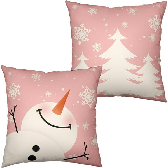 Pink Snowman Pillow Covers, 18x18 Christmas Tree with Snowflakes Throw Pillow Covers, Let It Snow Pillow Case, Winter Holiday Cushion Case for Living Room Couch Bedroom Set of 2