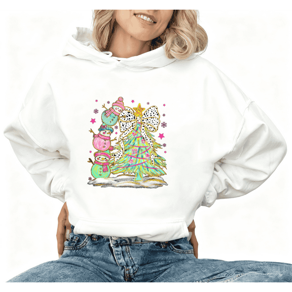 Pink Snowman Tree Christmas Graphic Tee T-Shirt Print Top Comfortable Hooded long-sleeved White S-2XL