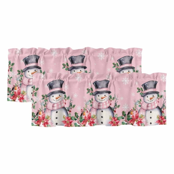 Pink Snowman Valances for Windows, Decorative Rod Pocket Window Valance Curtains, Christmas Poinsettia Winter Snowflake Short Curtain Drapes for Kitchen/Bathroom/Living Room, 2 Panels, 54" W x 18" L