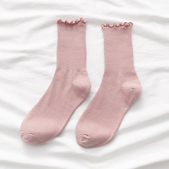 Pink Socks 5pc Women's Socks Ruffle Cuff Casual Socks Cute and Comfortable Knitted Ruffled Socks for All Seasons