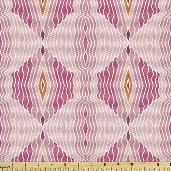 Pink Sofa Upholstery Fabric by the Yard, Geometric Ornament with Wavy Rhombus and Thin Lines in a Retro Style, Decorative Fabric for DIY & Home Accents, 2 Yards, Pink Pale Pink by Ambesonne