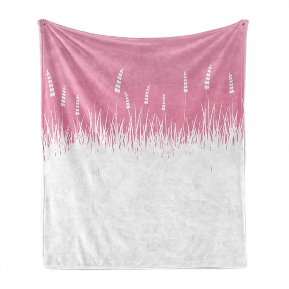 Pink Soft Flannel Fleece Blanket, Field Farm Life Inspired Scene Cut into Half with Bushes and Wheat Art Print, Cozy Plush for Indoor and Outdoor Use, 50" x 70", Hot Pink and White, by Ambesonne