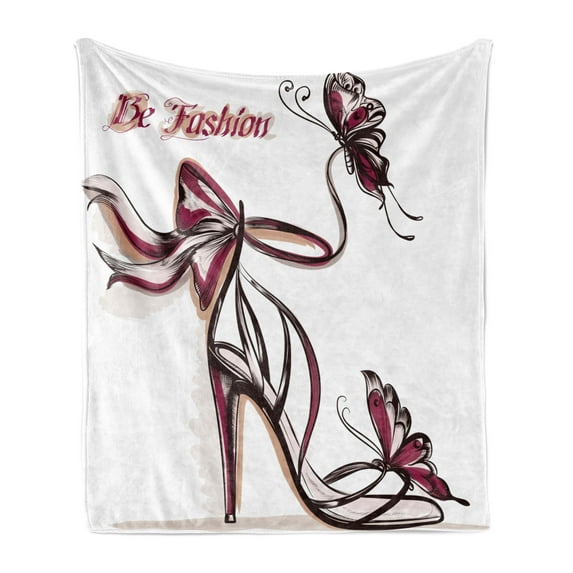 Pink Soft Flannel Fleece Blanket, High Heel Shoes with Butterfly and Ribbon Ornamentals Be Grace Spruceness Theme, Cozy Plush for Indoor and Outdoor Use, 70" x 90", Dried Rose Black, by Ambesonne