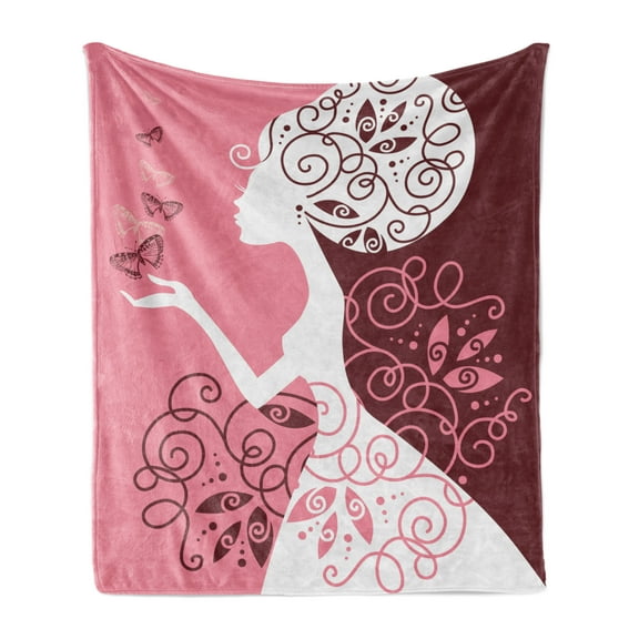 Pink Soft Flannel Fleece Throw Blanket, Drawing Girl with Butterflies Floral Ornaments Swirled Branches, Cozy Plush for Indoor and Outdoor Use, 50" x 70", Pale Pink Maroon White, by Ambesonne