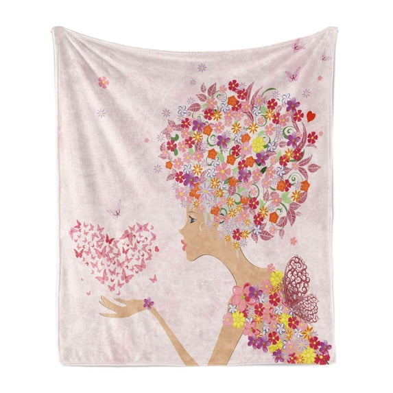 Pink Soft Flannel Fleece Throw Blanket, Fashion Flowers Girl with Heart of Butterflies Wings Spring Theme Hand Drawn, Cozy Plush for Indoor and Outdoor Use, 60" x 80", Multicolor, by Ambesonne
