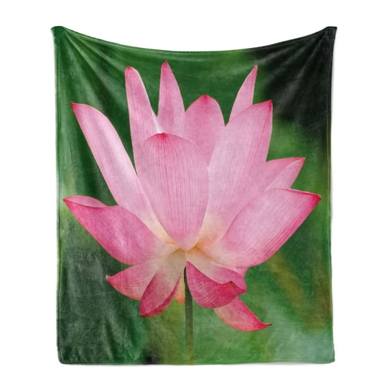 Pink Soft Flannel Fleece Throw Blanket, Flower Theme Nature Inspired Lotus Lily Blossom Romantic Digital, Cozy Plush for Indoor and Outdoor Use, 50" x 60", Pink and Fern Green, by Ambesonne