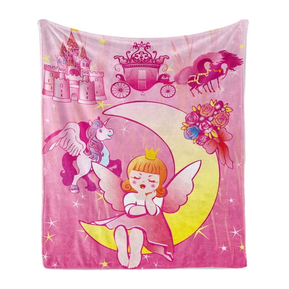 Pink Soft Flannel Fleece Throw Blanket, Girl with Wings Sitting on the Moon Unicorn Castlend the Stars Illustration Print, Cozy Plush for Indoor and Outdoor Use, 50" x 70", Pink, by Ambesonne