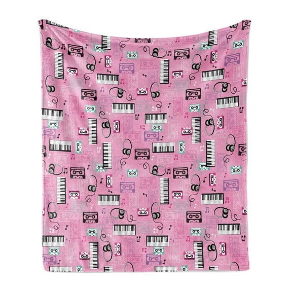 Pink Soft Flannel Fleece Throw Blanket, Listen to Music Theme Vintage Cassettes Headphones Keyboards Funky Retro Illustration, Cozy Plush for Indoor and Outdoor Use, 50" x 60", Pink, by Ambesonne