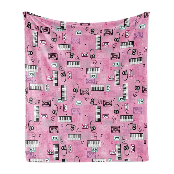Pink Soft Flannel Fleece Throw Blanket, Listen to Music Theme Vintage Cassettes Headphones Keyboards Funky Retro Illustration, Cozy Plush for Indoor and Outdoor Use, 50" x 70", Pink, by Ambesonne