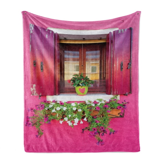Pink Soft Flannel Fleece Throw Blanket, Outdoor View of Painted Vintage Window with Flowers in Pots Picture Print, Cozy Plush for Indoor and Outdoor Use, 50" x 60", Pink and Multicolor, by Ambesonne